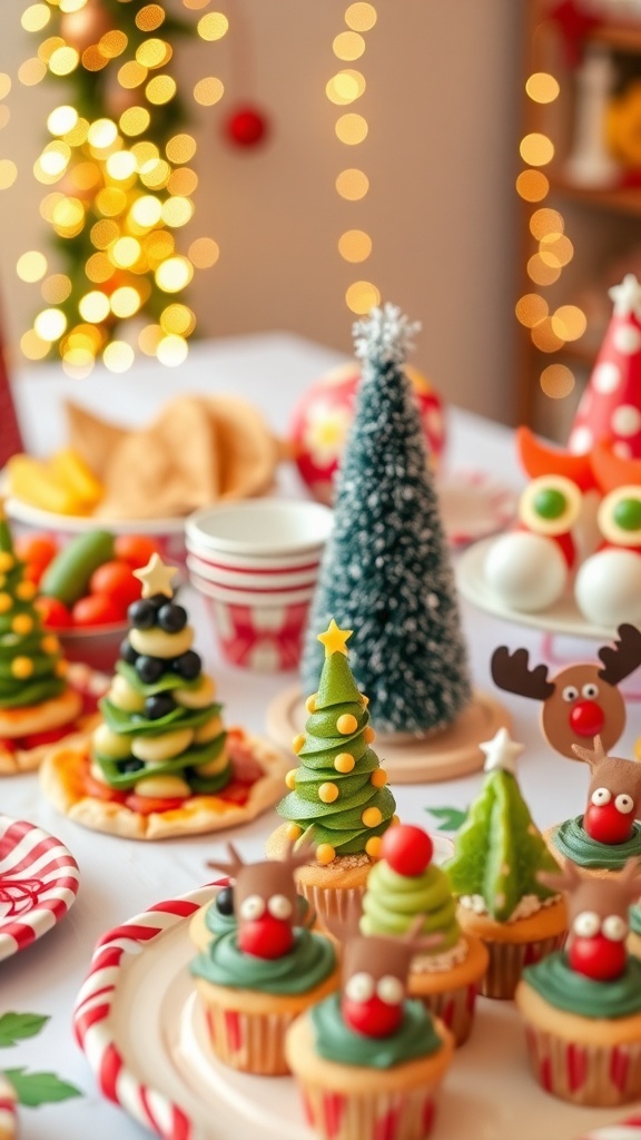 A festive arrangement of Christmas party food for kids, including tree-shaped pizzas, fruit skewers, and reindeer cupcakes.